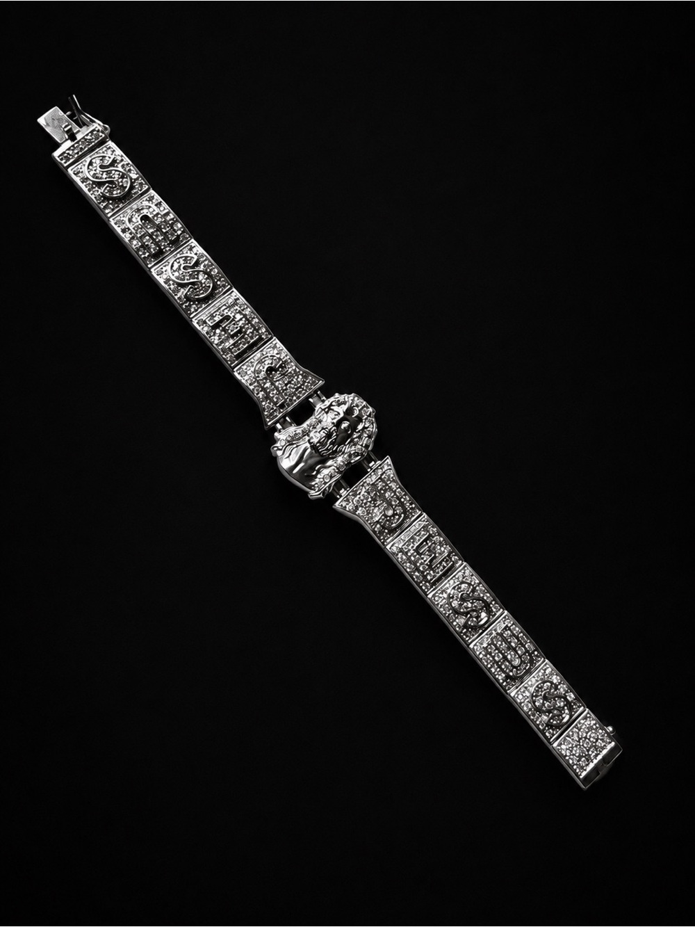 Iced Out Sterling Silver 925 Jesus Piece Link Bracelet 8.5” long 75g